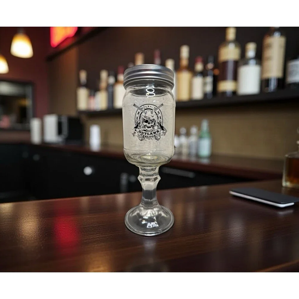 Outlaw Saloon Skeleton Skull Mason Jar Wine Glass With Lid